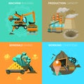 Minerals mining 4 flat icons square