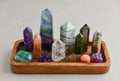 Minerals towers of Fluorite, Smoky Quartz, Amethyst, Crackle Quartz, Aragonite, Amazonite, Emerald, Fire Quartz