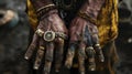 The miners hands calloused from decades of digging for gold are adorned with bold gothic rings and bracelets.