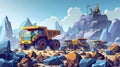 Miners, heavy equipment, and transport at a quarry. Coal dump trucks transport ore to the surface. Cartoon modern Royalty Free Stock Photo