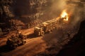 Miners Operating Heavy Machinery In An Openpit Iron Mine. Generative AI