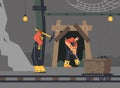 Miners using pickaxe and shovel extracting coal and minerals underground, flat vector illustration. Royalty Free Stock Photo
