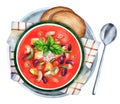 Minestrone italian soup made with vegetables, pasta and beans. Watercolor illustration Royalty Free Stock Photo