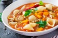 Minestrone, italian vegetable soup with pasta. Royalty Free Stock Photo