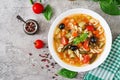 Minestrone, italian vegetable soup with pasta. Vegan food.