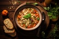 Minestrone soup with whole wheat pasta healthy food background