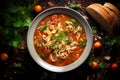 Minestrone soup with whole wheat pasta healthy food background