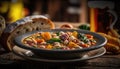 Minestrone On Stone, Blurred Background, Rustic Pub. Generative AI Royalty Free Stock Photo