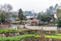 Ming Qing Dynasty Chinese traditional rural house, built with black tiles, stone, and bricks, in Qingyan Ancient town, one of