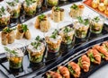 Mini appetizers with salmon fish, caviar, cheese, prawn, shrimp and greens on banquet table. Gourmet food close up, snack Royalty Free Stock Photo