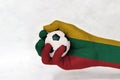 Mini ball of football in Lithuania flag painted hand on white background