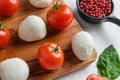 Mini balls of mozzarella cheese, on chop wood board ingredients for salad Caprese. over white background. close up selective focus Royalty Free Stock Photo