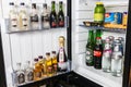 mini bar with soft drinks, vodka, wine and beer in the hotel