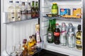 mini bar with soft drinks, vodka, wine and beer in the hotel ro Royalty Free Stock Photo