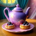 Mini berry tarts and lavender teapot: pastel-colored still life. Elegant dessert scene.
