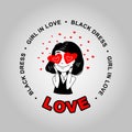 Mini black dress. Love logo. Girl in love. Vector doodle illustration