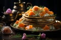 Mini blini pancakes with creamy soft cheese, cold smoked salmon, and fresh dill garnish