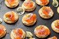 Mini blini pancakes with soft cheese, cold smoked salmon and dill Royalty Free Stock Photo