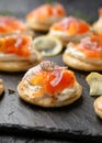 Mini blini pancakes with soft cheese, cold smoked salmon and dill Royalty Free Stock Photo