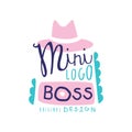 Mini boss logo creative design with broad-brimmed hat and decoration. Hand drawn lettering. Vector label isolated on