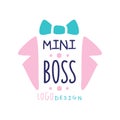 Mini boss logo original design. Abstract suit collar and bow tie with lettering. Gentle pink and blue colors. Hand drawn