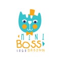 Mini boss logo original design with lettering. Cute label with elegant blue cat with hat. Hand drawn vector illustration