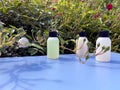 Mini bottles with cosmetic products. Hotel amenities SPA concept Royalty Free Stock Photo