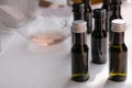 Mini bottles for wine. Black, and white corks on wine samples. Royalty Free Stock Photo
