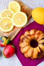 Bundt easter marble cake, easter eggs and fresh lemons