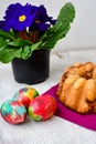 Bundt easter marble cake, easter eggs and Primrose - Primula vulgaris Royalty Free Stock Photo