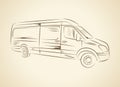 Mini bus for delivery company. Freehand outline ink drawn picture icon sketchy in scribble retro style pen on paper