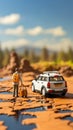 Mini businessman, luggage in tow, sprints next to a world map and tiny white car