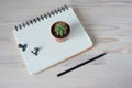 Mini cactus pot, black pencil, notebook and metal clips