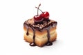 Mini cake with chocolate topping and cherry on a white background. Birthday cake, a sweet and colorful dessert. Ai generative