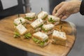 Mini Canape Sandwiches on Wooden Tray for Tasting Royalty Free Stock Photo