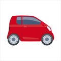 Mini car. Red microcar in the back of a hatchback. Car in cartoon simple style.