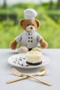 A mini cheese cake with blur teddy bear background