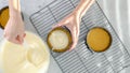 Mini cheesecake recipe. Pouring cheesecake batter into a prepared baking pan, close-up preparation process, view from above Royalty Free Stock Photo