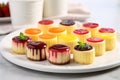 10 mini cheesecakes on a ceramic platter