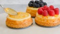 Mini cheesecakes close-up. Topping cheesecakes with orange marmalade, fresh berries, and rosemary Royalty Free Stock Photo