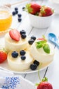 Mini cheesecakes with fresh berries and mint on white background