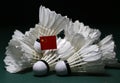 Mini China flag stick on the heap of used shuttlecocks on green floor of Badminton court