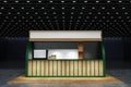 Mini coffee shop cafe booth kiosk with counter coffee machine, refrigerator and menu board, green and wood, 3D rendering