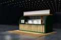 Mini coffee shop cafe booth kiosk with counter coffee machine, refrigerator and menu board, green and wood, 3D rendering