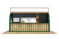 Mini coffee shop cafe booth kiosk with counter coffee machine, refrigerator and menu board, green and wood, 3D rendering