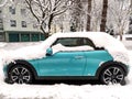 Mini Cooper Convertible In Turquoise Modern Sporty Car Snow-covered