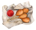 Mini corn dogs on paper with ketchup. Street food Royalty Free Stock Photo