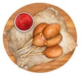 Mini Corn Dogs on a rustic wooden board. Watercolor Royalty Free Stock Photo