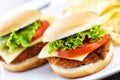 Mini Crispy Chicken Burger with Lettuce Tomato and Cheese. Royalty Free Stock Photo