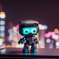 Mini cute robot standing on the top of the buiding, background is city lights. cyberpunk style.